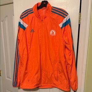Adidas Bright Orange 2014 Boston Marathon Jacket with Blue Stripes